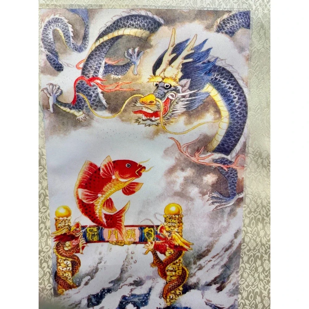 Chinese Wall Scroll Red‎ Koi Fish Leaping Dragon Gate Silk Brocade Hanging Art